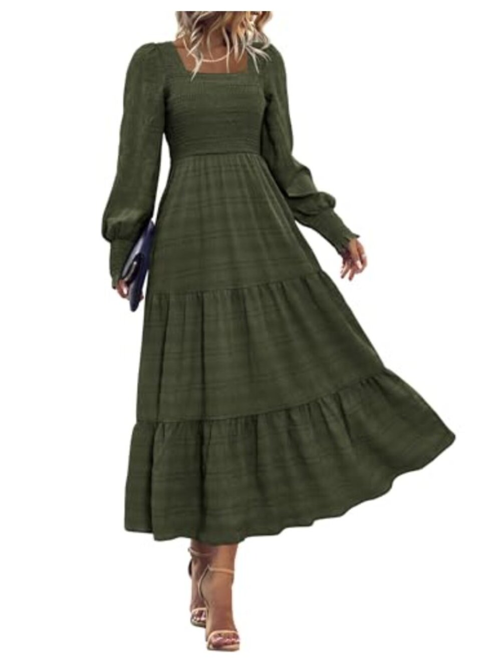 Square Neck Smocked Tiered Maxi Dress Long Sleeve A-Line Flowy with Pockets